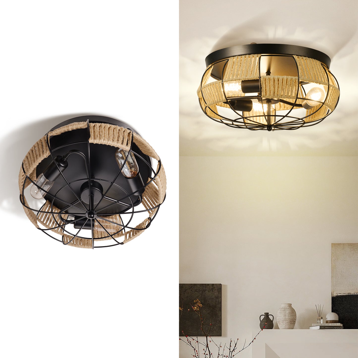 (Q)3 Headlights Farmhouse Ceiling Light,Retro Black Metal Cage Ceiling Light,Suitable for Living Rooms,Industrial Corridors,Farmhouses