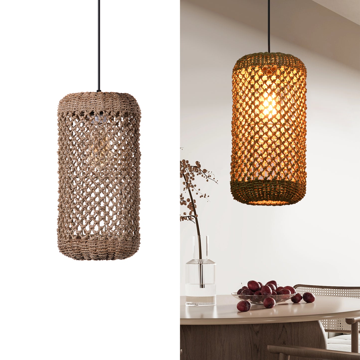 (Z)ARTURESTHOME Handmade Woven Rattan Pendant Light Boho Style Natural Fiber Hanging Lamp Rustic Ceiling Light Fixture