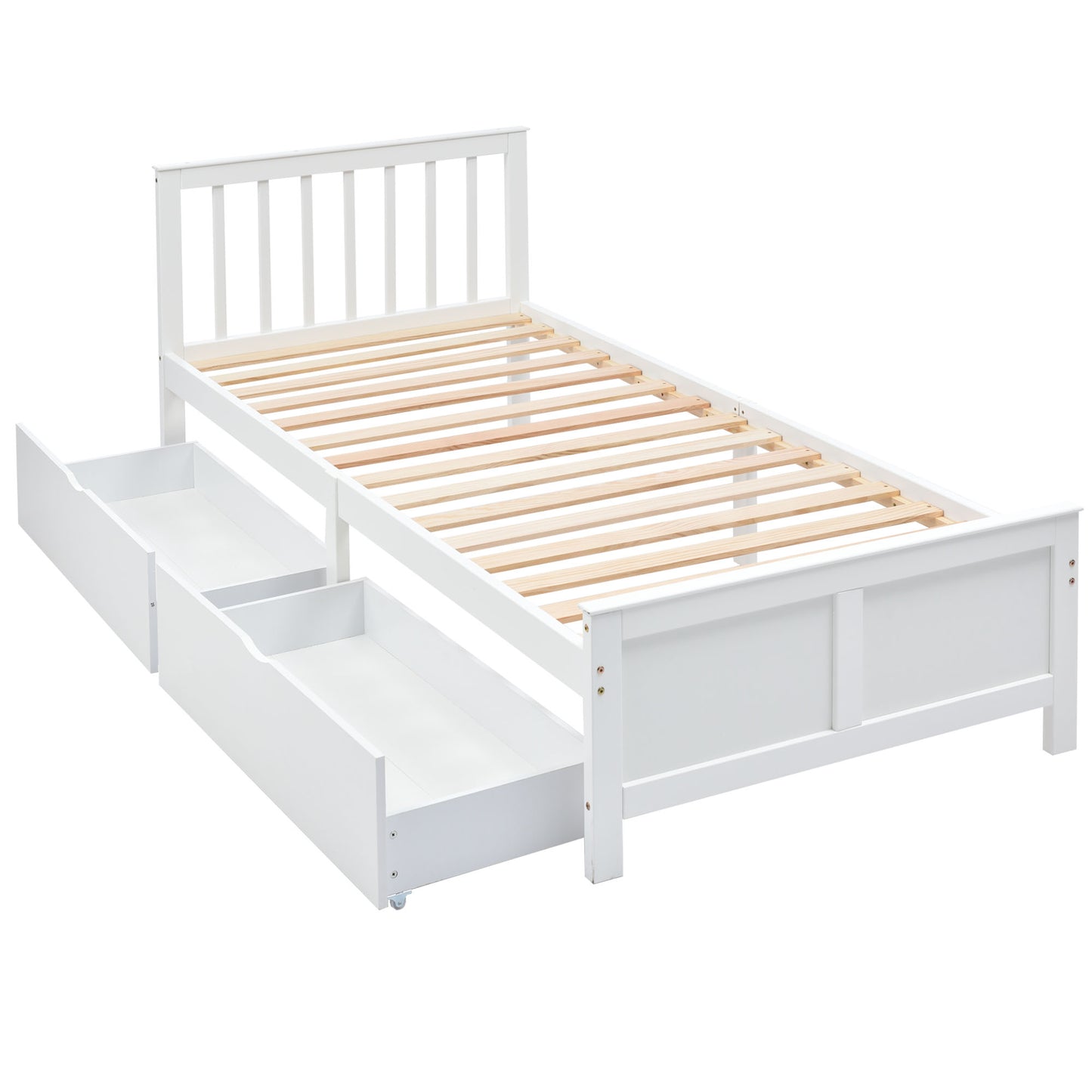 White Wooden Single Bed with Storage Drawers - Pinewood Frame-90x200cm