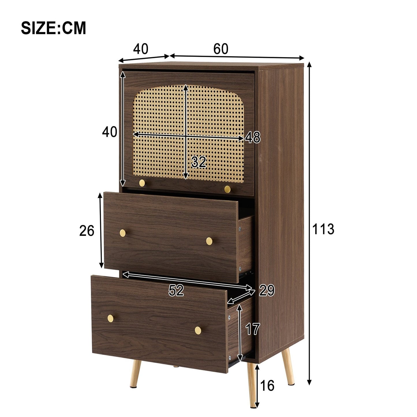 Rattan-Detail Walnut Cabinet - Modern Storage with Sliding Door- Gold Legs