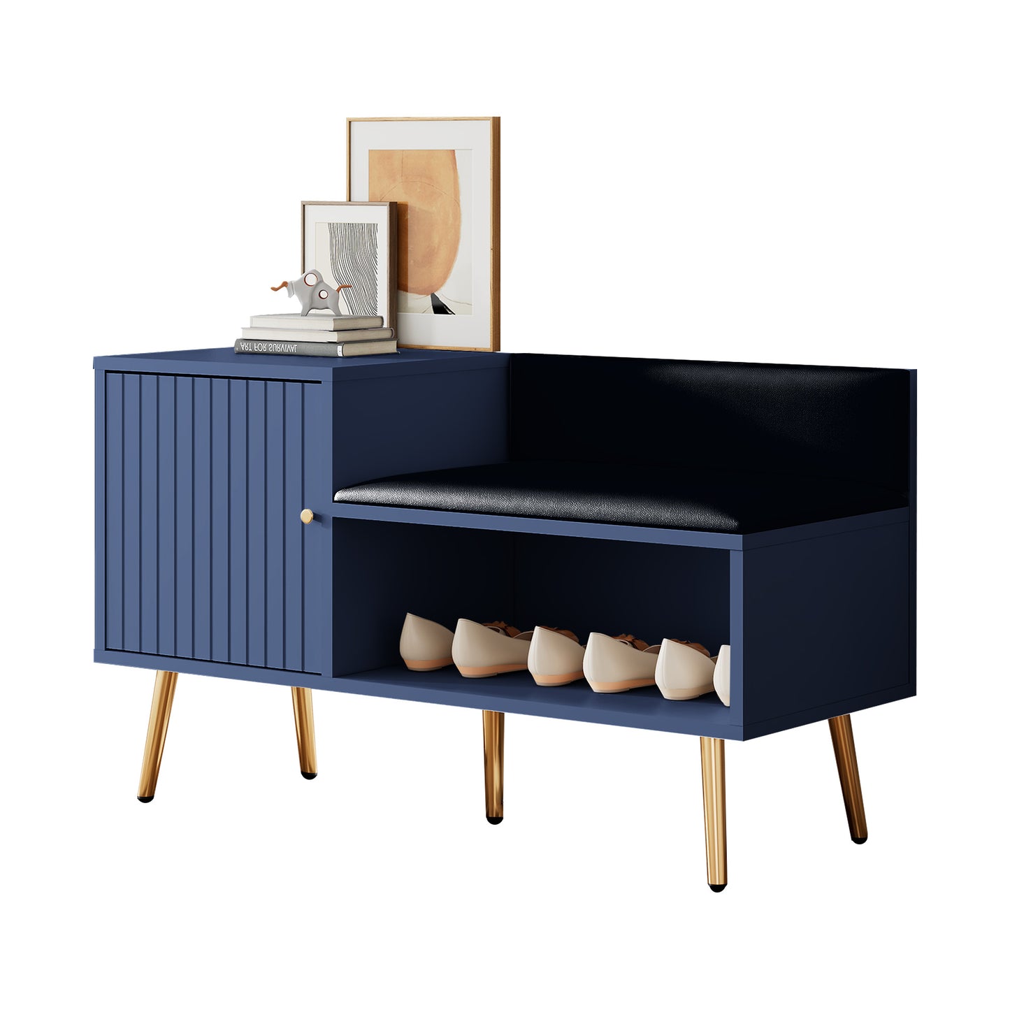 Luxurious Blue Shoe Chest with Padded Bench and Metal Accents