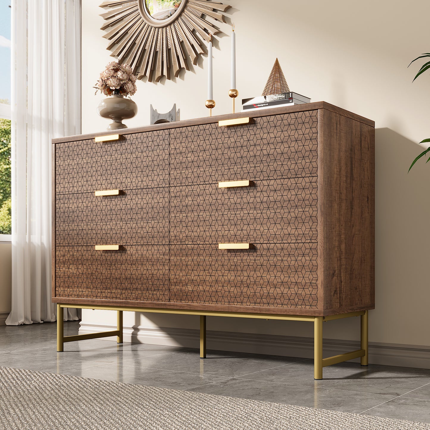 Walnut Embossed 6-Drawer Chest with Metal Handles