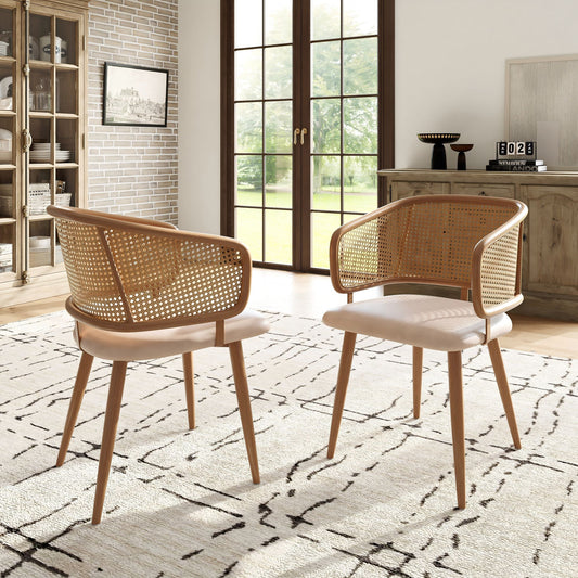 Rattan Backrest Dining Chairs-PU Leather Seats for Modern Comfort