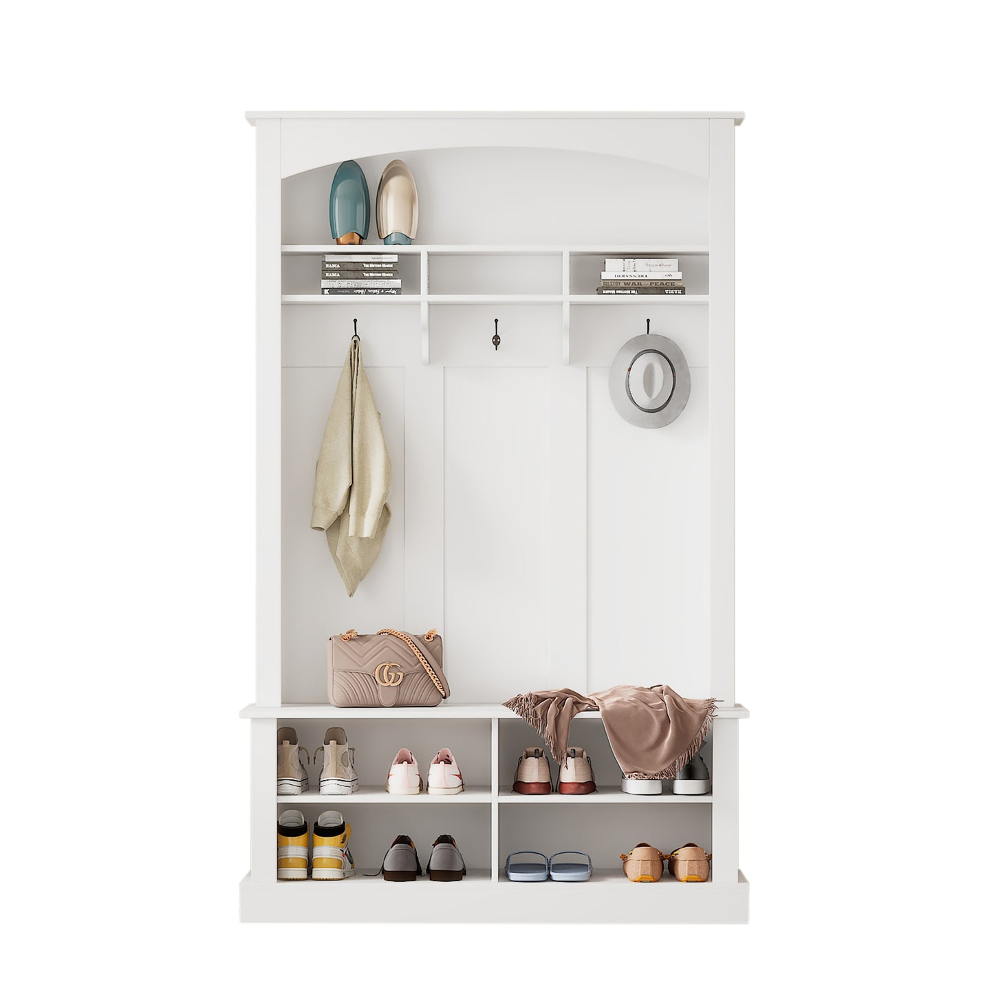 White Multifunctional Hallway Storage Cabinet with Bench and Shoe Rack, Open Storage