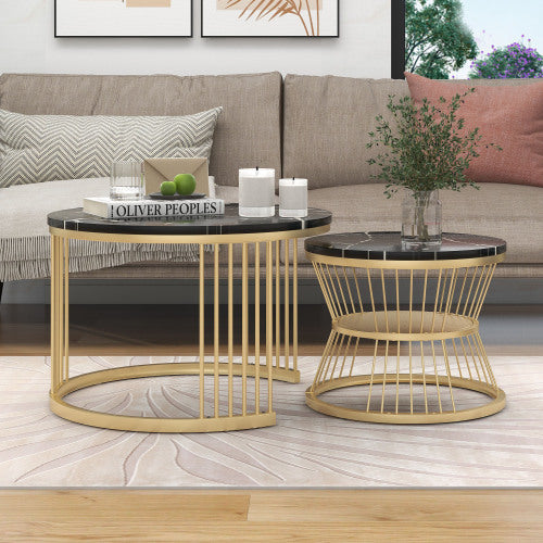 Modern Nesting Coffee Tables- Marble Veneer, BlackGolden Frame, Round Side Tables-Set of 2