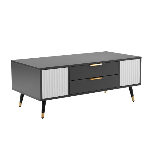 Modern Grey-White Coffee Table-2 Doors, 2 Drawers, Gold Accents, High-Quality Living Room Furniture