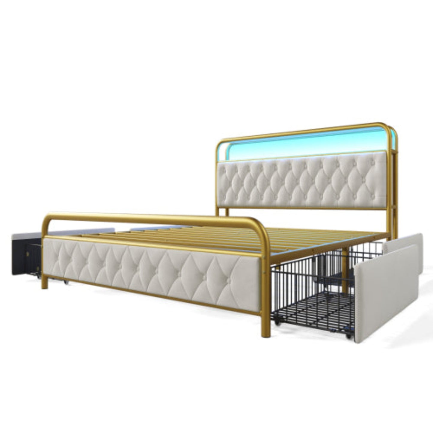 Double Upholstered Bed with USB Charging, APP-Controlled LED, Metal Frame, Velvet, 4 Drawers