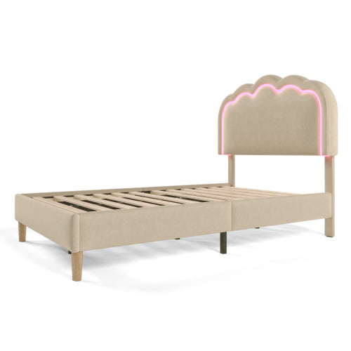 Beige Upholstered Single Bed with LED, Adjustable Headboard, Slatted Frame, YouthGuest Room Bed, Linen Material