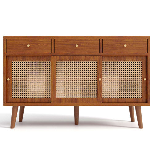 New Walnut Sideboard with 3 Drawers and 3 Rattan Sliding Doors, Gold Handles, Adjustable Shelves