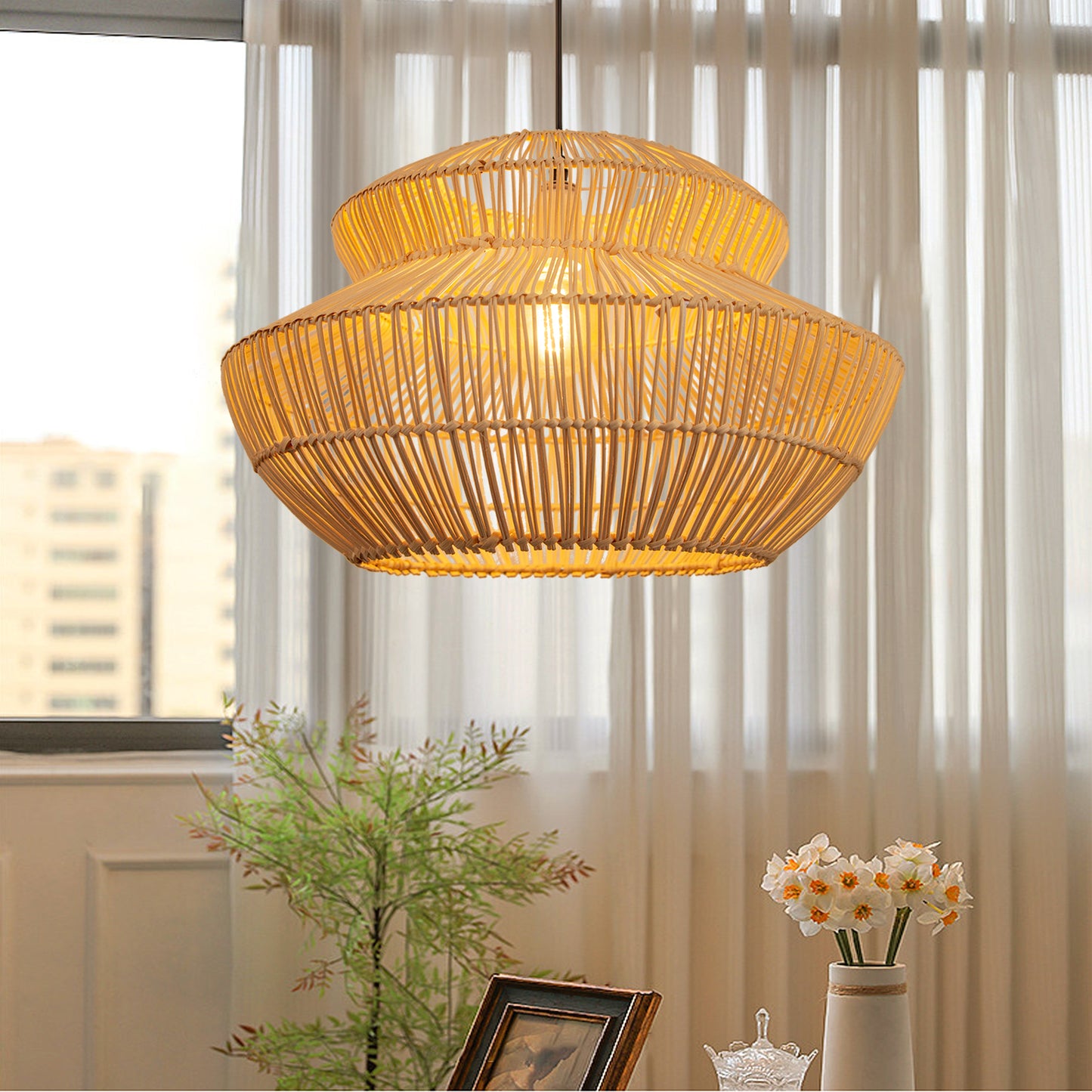 (Q)Handmade Rattan Pendant Light,,Rustic Style Rattan Pendant Light,Rattan Dome Decoration,Suitable for Living Room,Dining Room,Coffee Shop