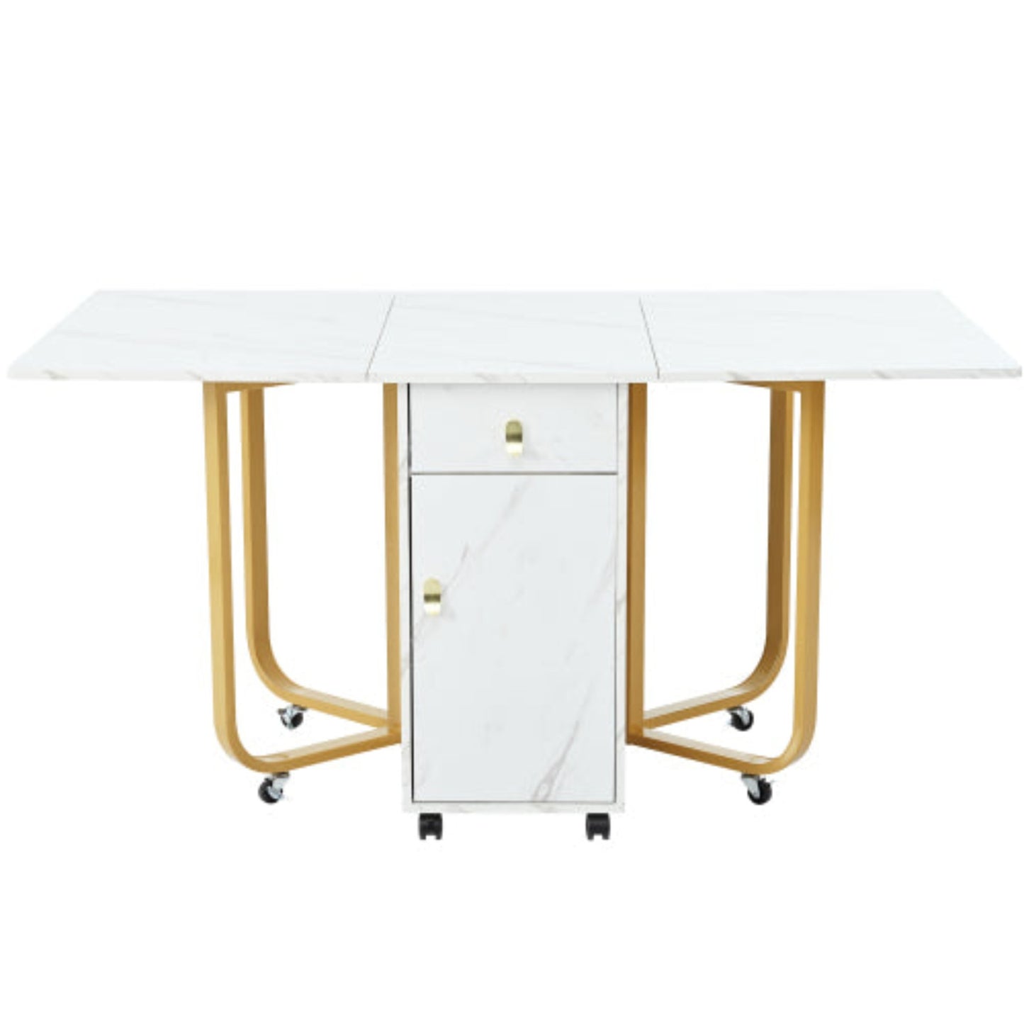 White-Gold Folding Dining Table-Cupboard, 2 Drawers, Space-Saving, 4 Legs