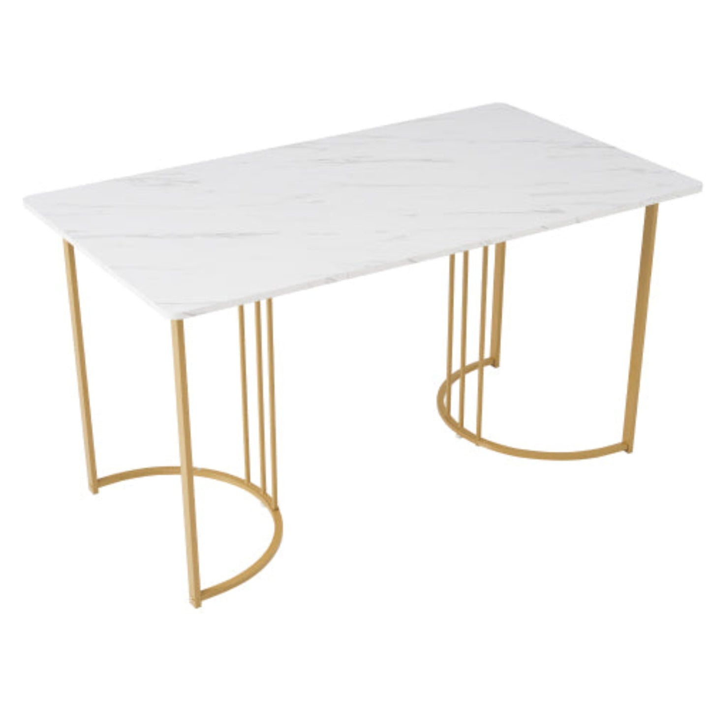 White Golden Modern Marble Pattern Dining Table, Metal Frame, Adjustable Feet