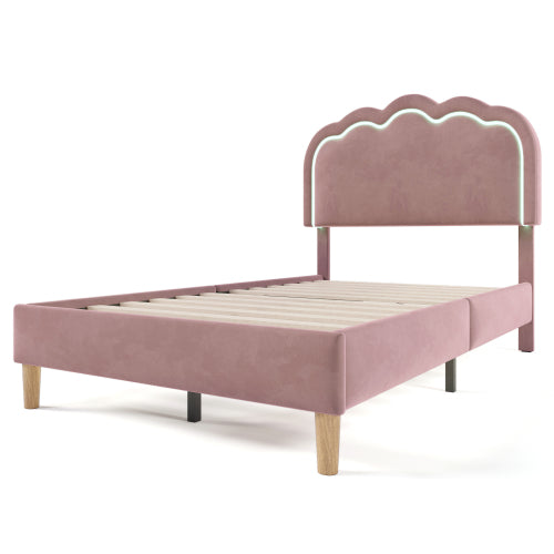 Pink Velvet Single Bed with LED, Adjustable Headboard, Slatted Frame, YouthGuest Room Bed Frame