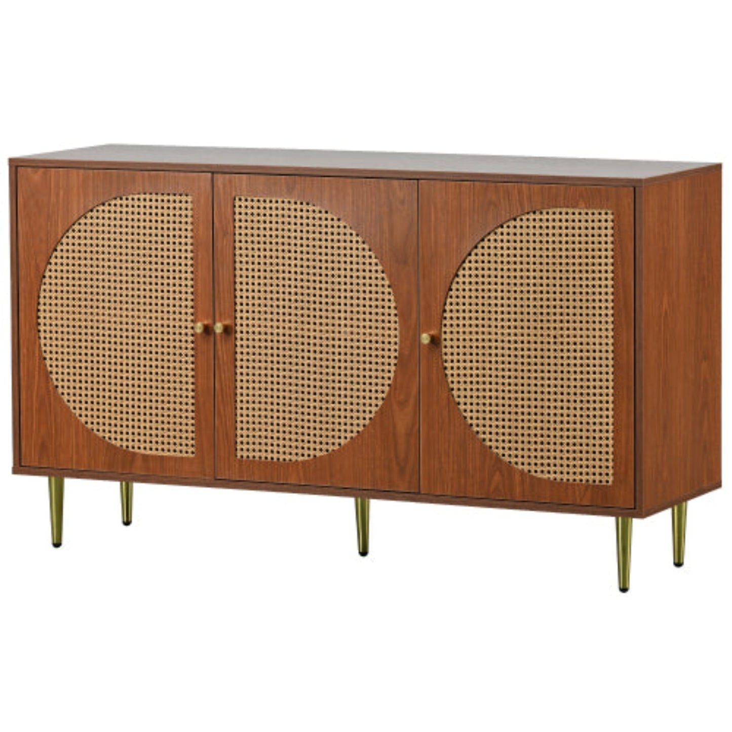 Walnut Sideboard,3 Rattan Doors, Metal Handles, Chest of Drawers,129.8x40x76cm