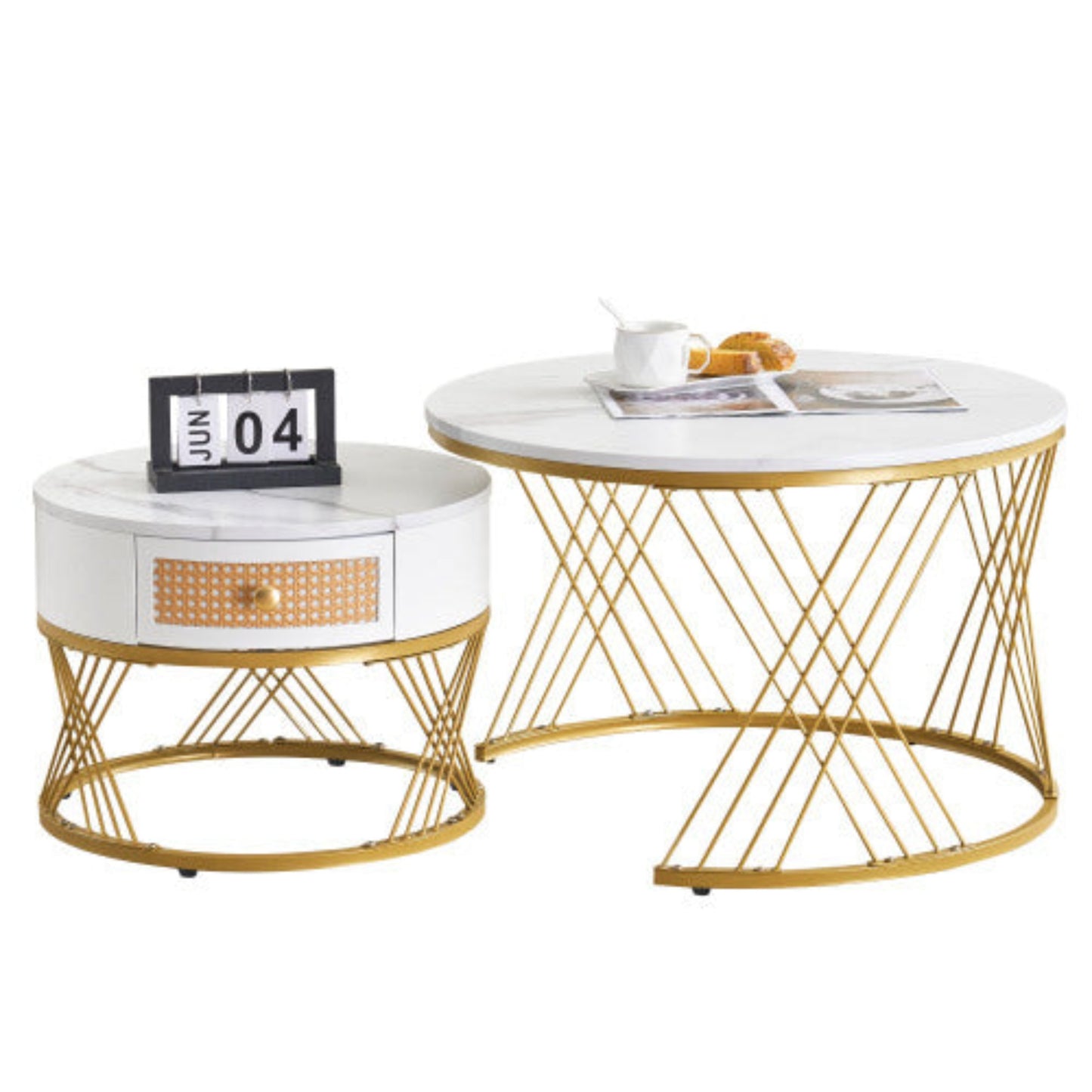 Elegant 2-Piece White Coffee Table Set- Marble Texture, Plastic Rattan Drawers, Gold Accents