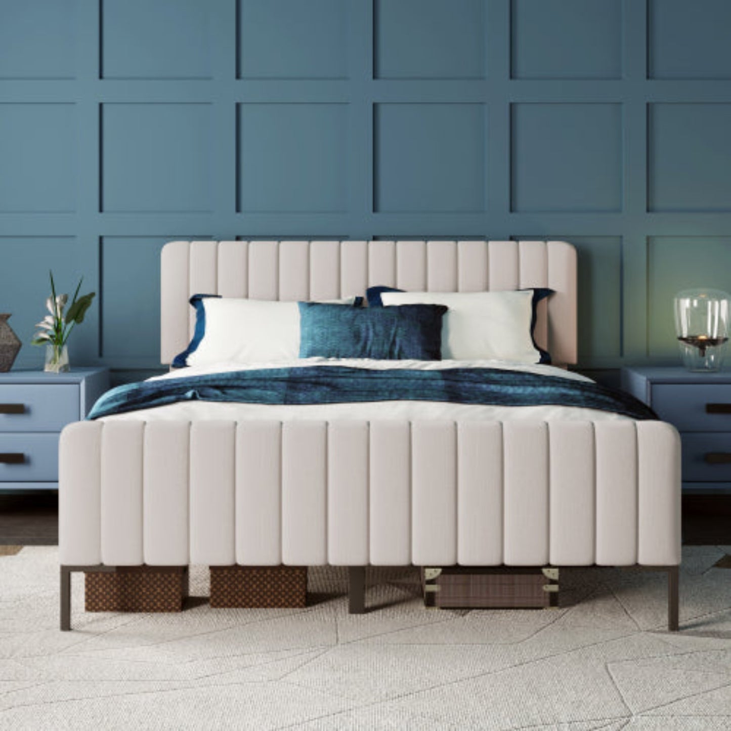 Grey-Beige Upholstered Double Bed,Adjustable Headboard, Slatted Frame, 160x200cm