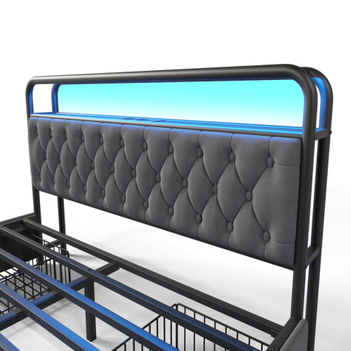 Modern Velvet Double Bed-USB Type C Charging, APP-Controlled LED, Metal Frame, 4 Drawers