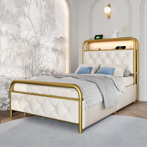 Velvet Single Bed with USB Type C Charging, APP-Controlled LED, Metal Frame, 2 Drawers