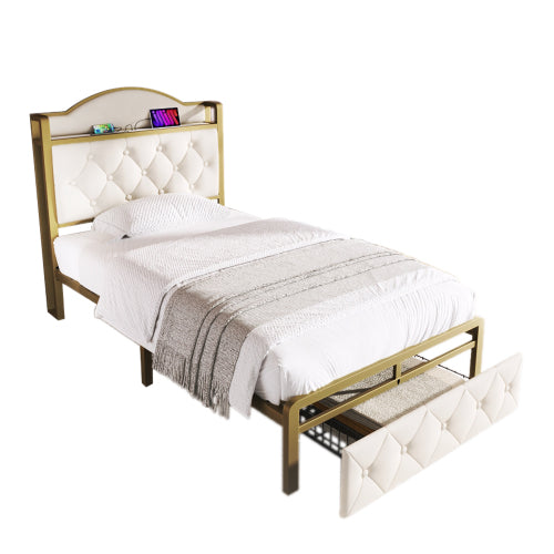 Light Beige Single Bed-USB Type C, Storage Drawers, Slatted Metal Frame -Mattress Not Included