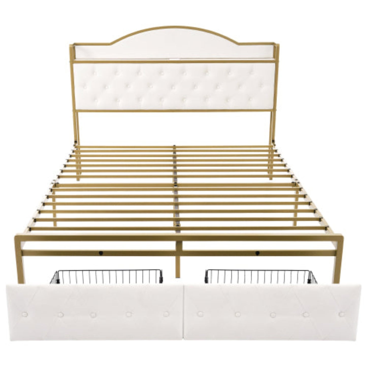 Light Beige Upholstered Double Bed-USB Type C Charging, Storage Drawers, Slatted Metal Frame