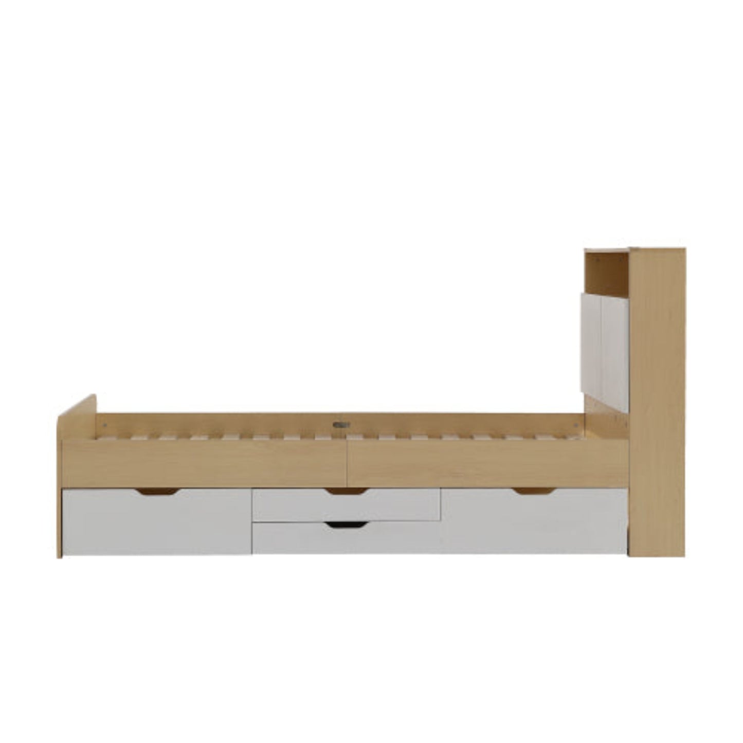 Youth Panel Bed with Flap Shelf Headboard, 4 Drawers, and Shock Protection - White Light Oak