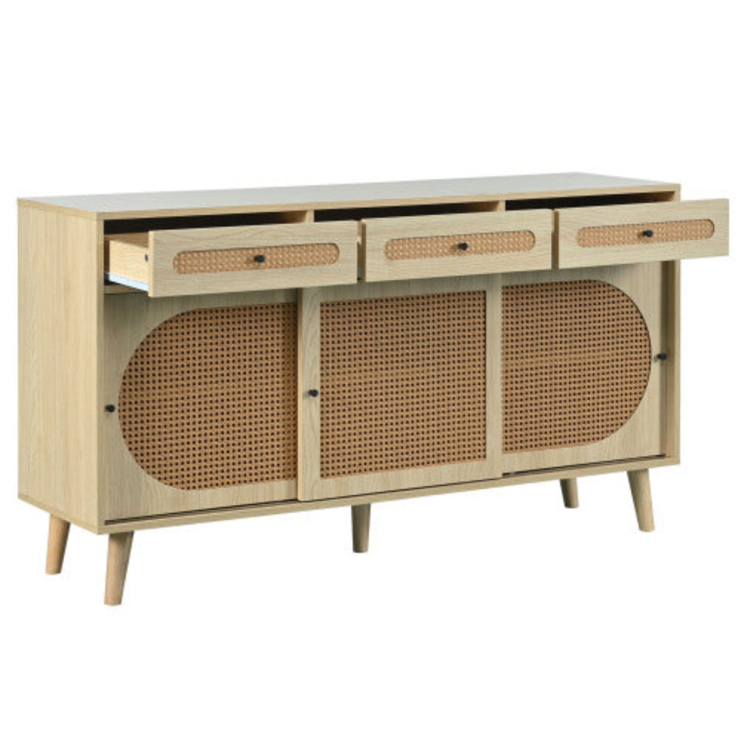 140cm Wooden Sideboard,PE Rattan Doors, Adjustable Shelves, 3 Drawers, Sliding Doors