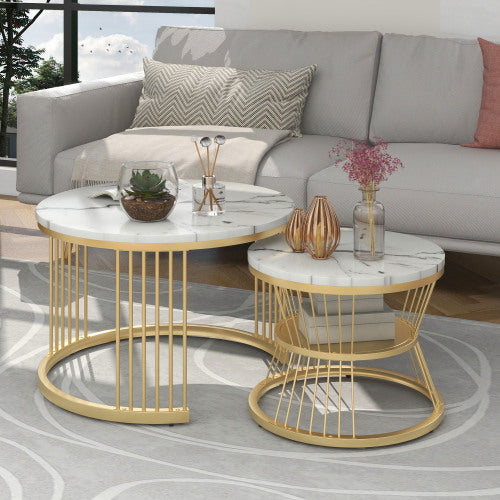 Modern Nesting Coffee Tables-Marble Veneer, Golden Frame, Versatile Side Tables-Set of 2