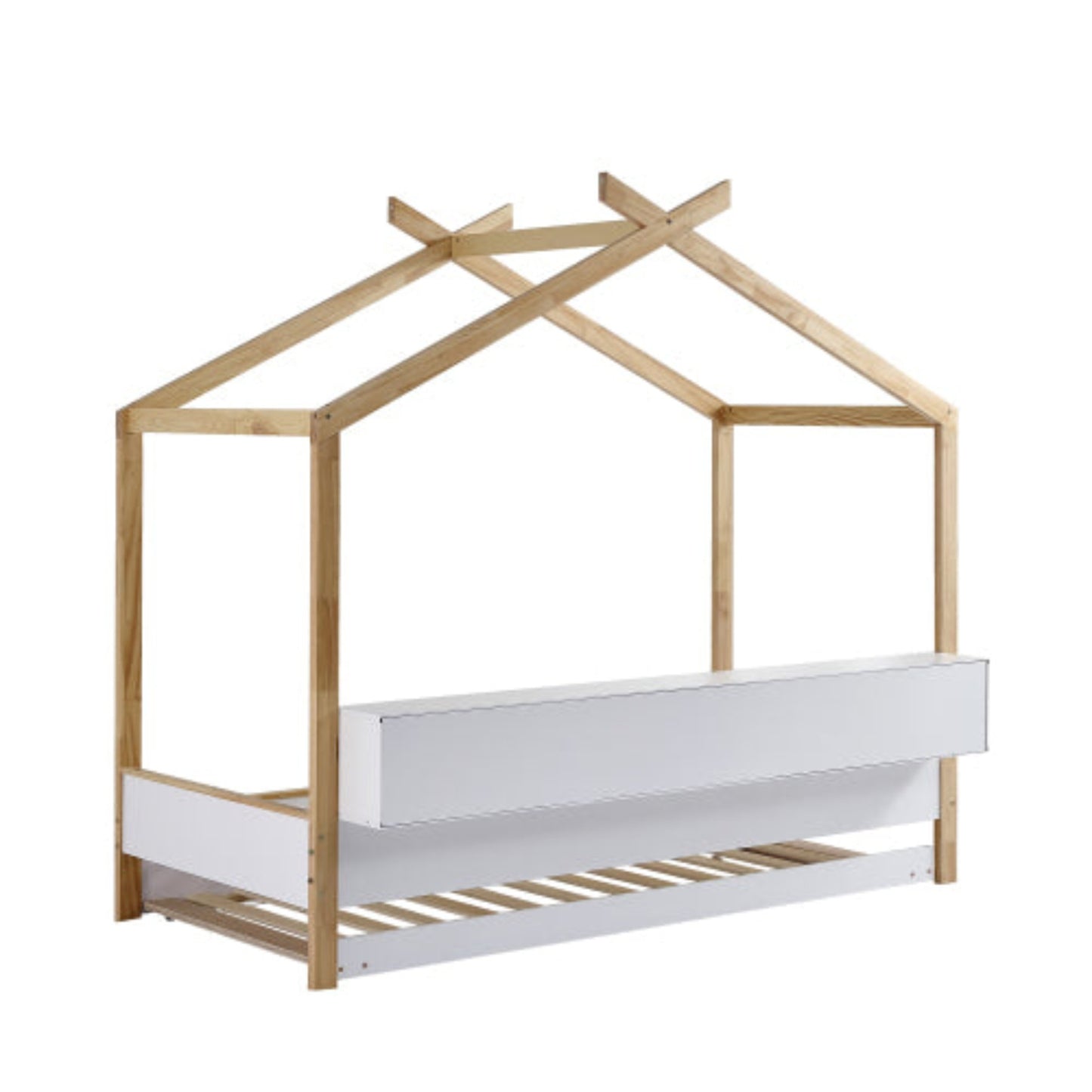 White Natural Children's House Bed with Storage, Trundle - Pine Frame