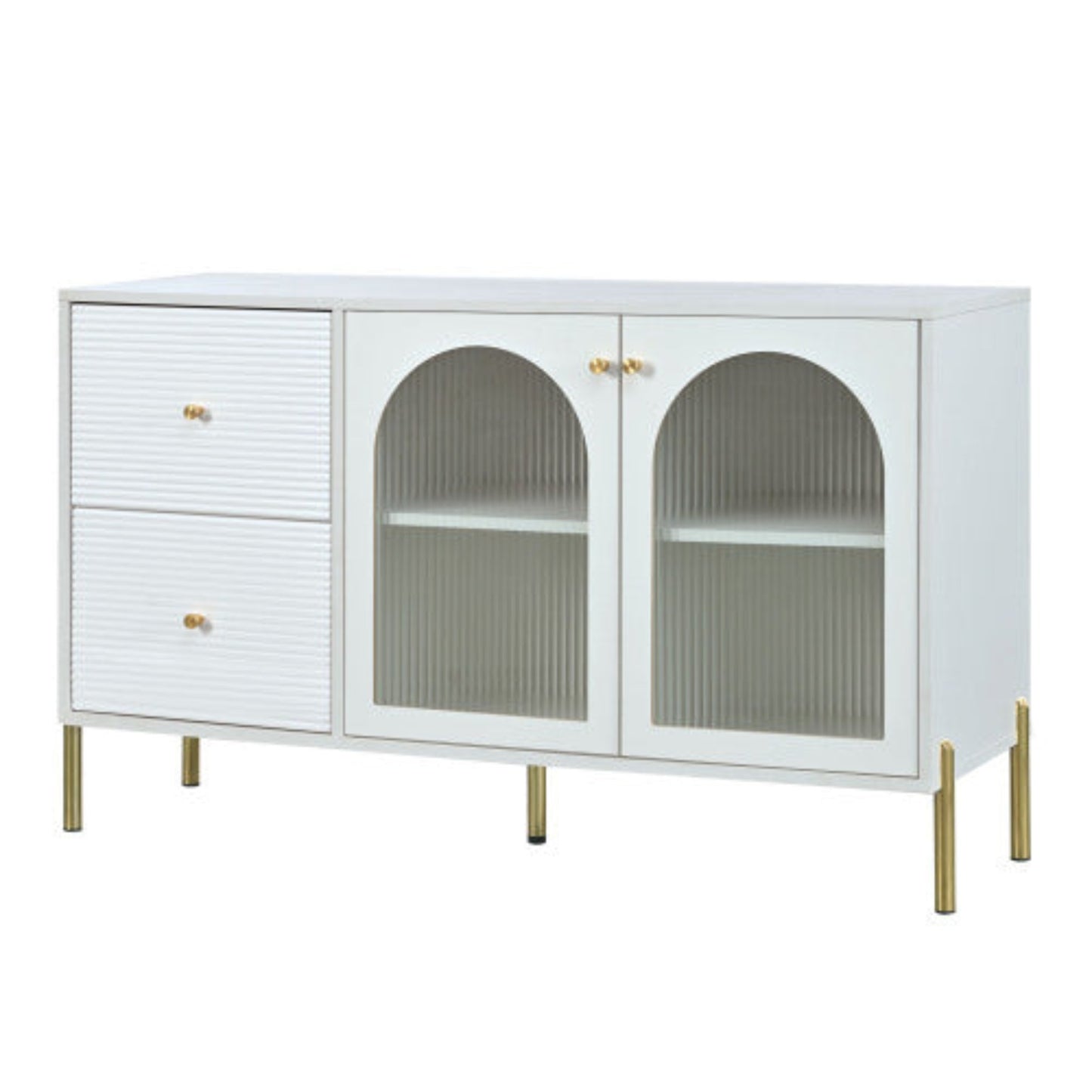 120cm White Gold Sideboard,Marble Top, Adjustable Shelves, 2 Doors, 2 Drawers, Glass Cabinet
