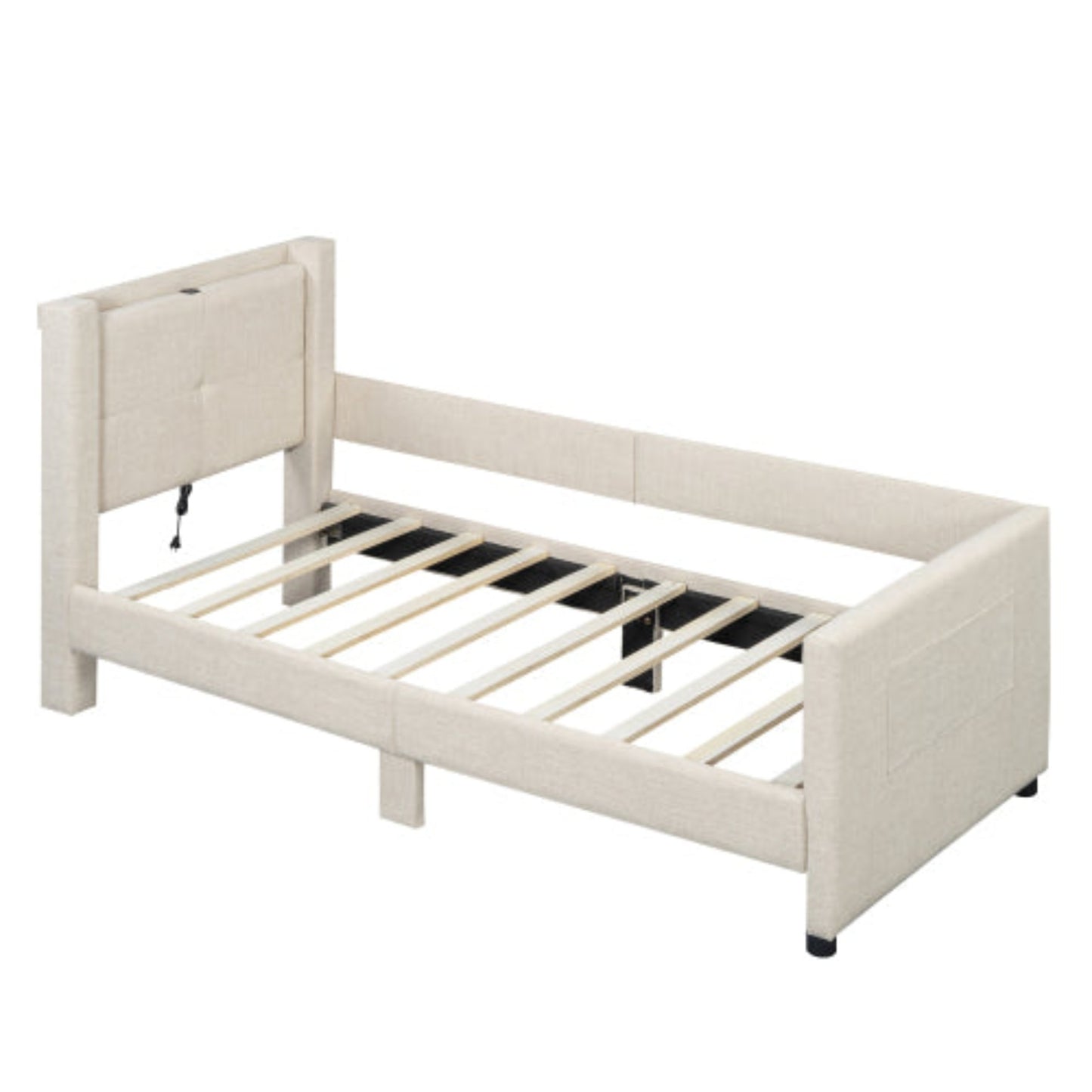 Beige Padded Bed-USB Port, Minimalist, 90x200cm Flat Platform Bed