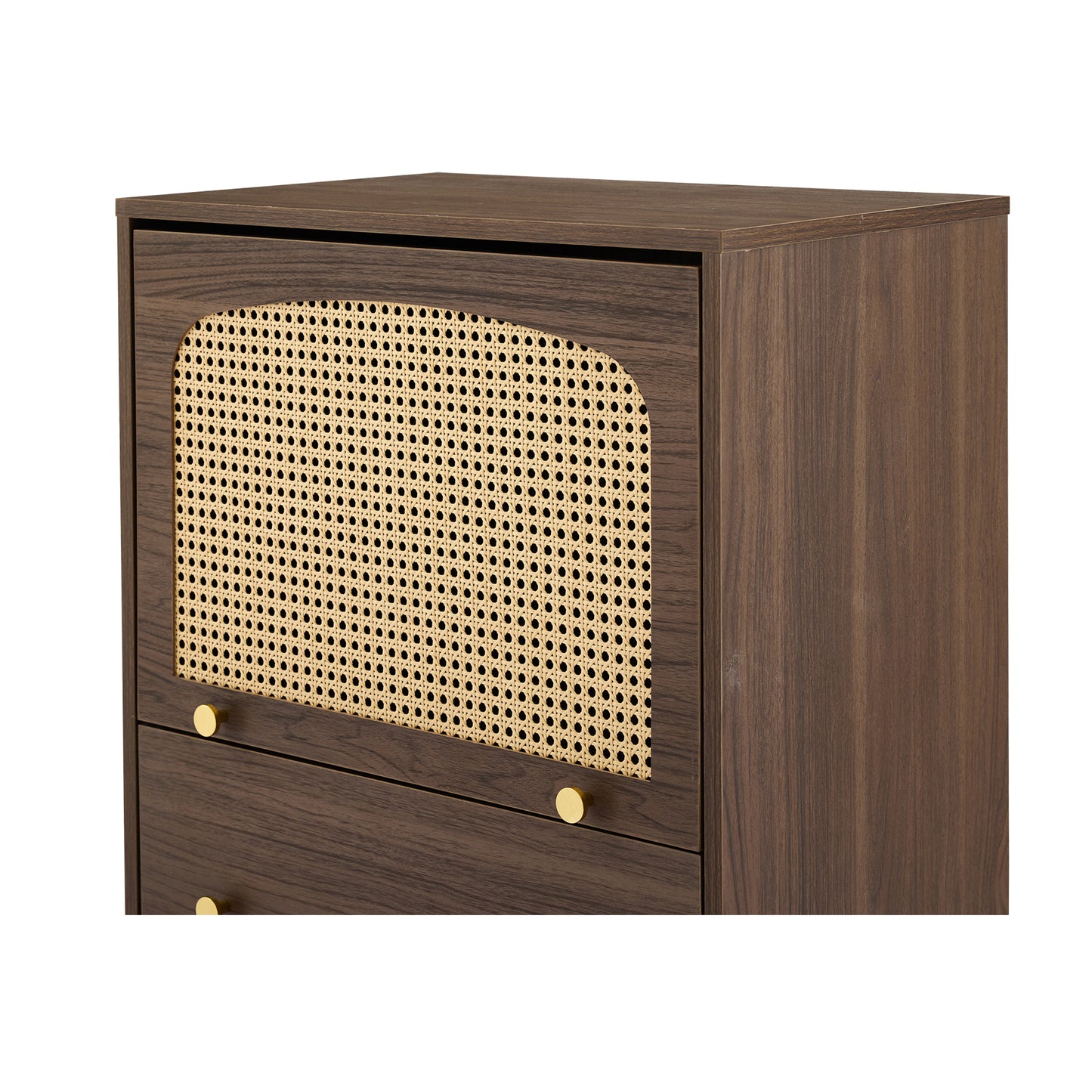 Rattan-Detail Walnut Cabinet - Modern Storage with Sliding Door- Gold Legs