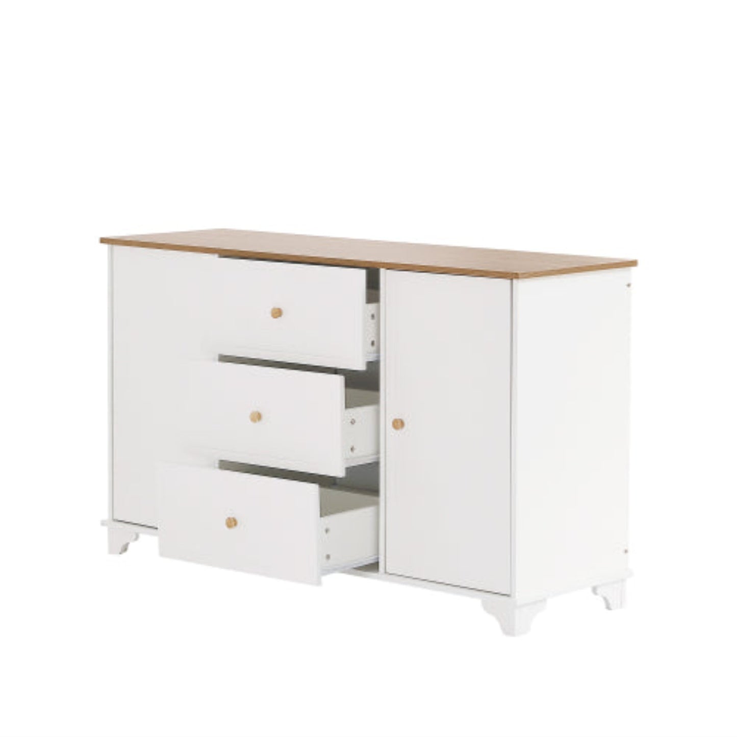 Classic Commode,3 Drawers, 2 Doors, Natural Handles, White,Natural Finish