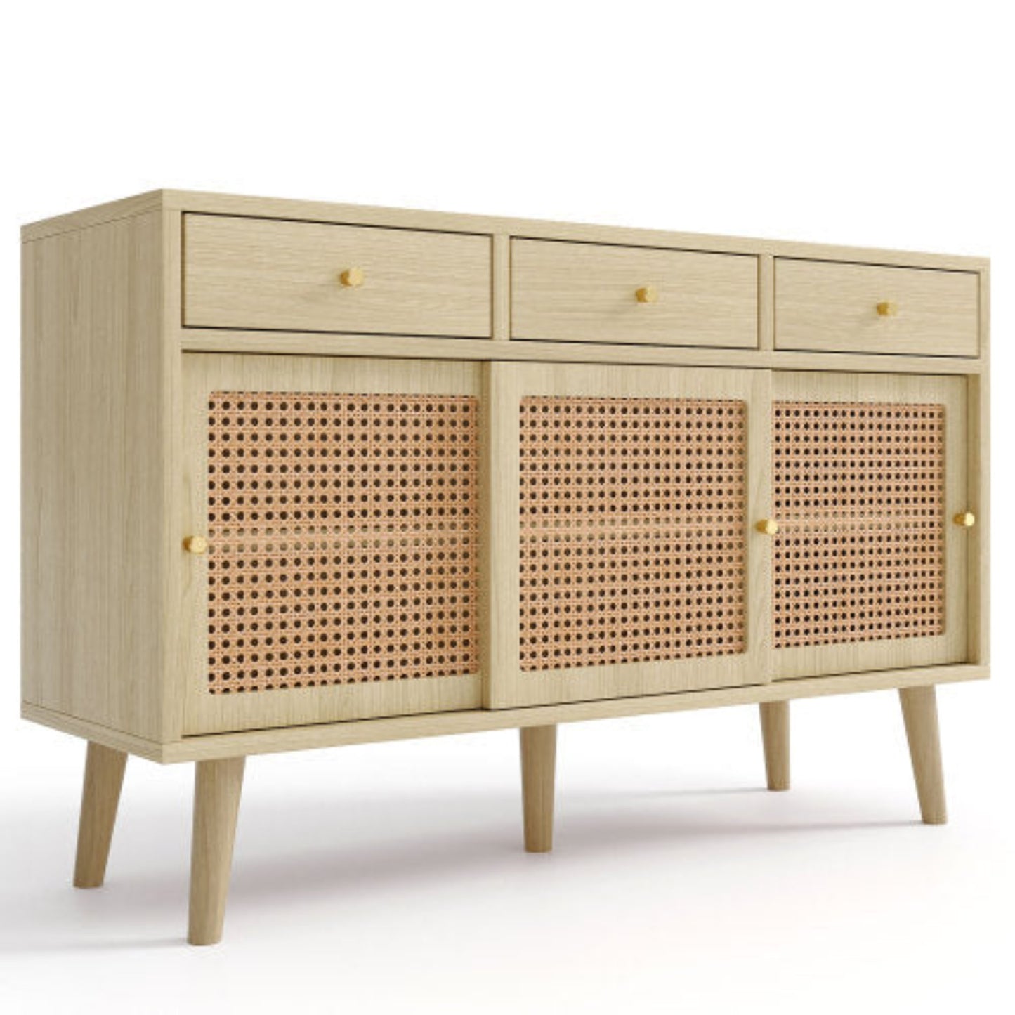 Oak sideboard with drawers and sliding rattan doors, solid wood legs, gold metal handles, adjustable shelves