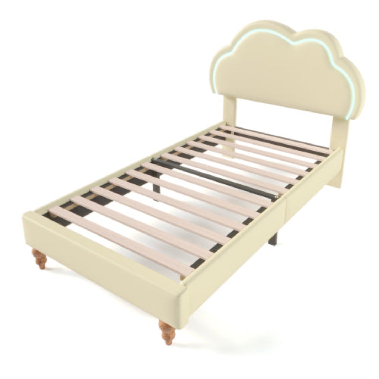 Cream PU Single Bed with LED, Upholstered Frame, Adjustable Cloud Headboard, Youth Bedroom-Guest Room