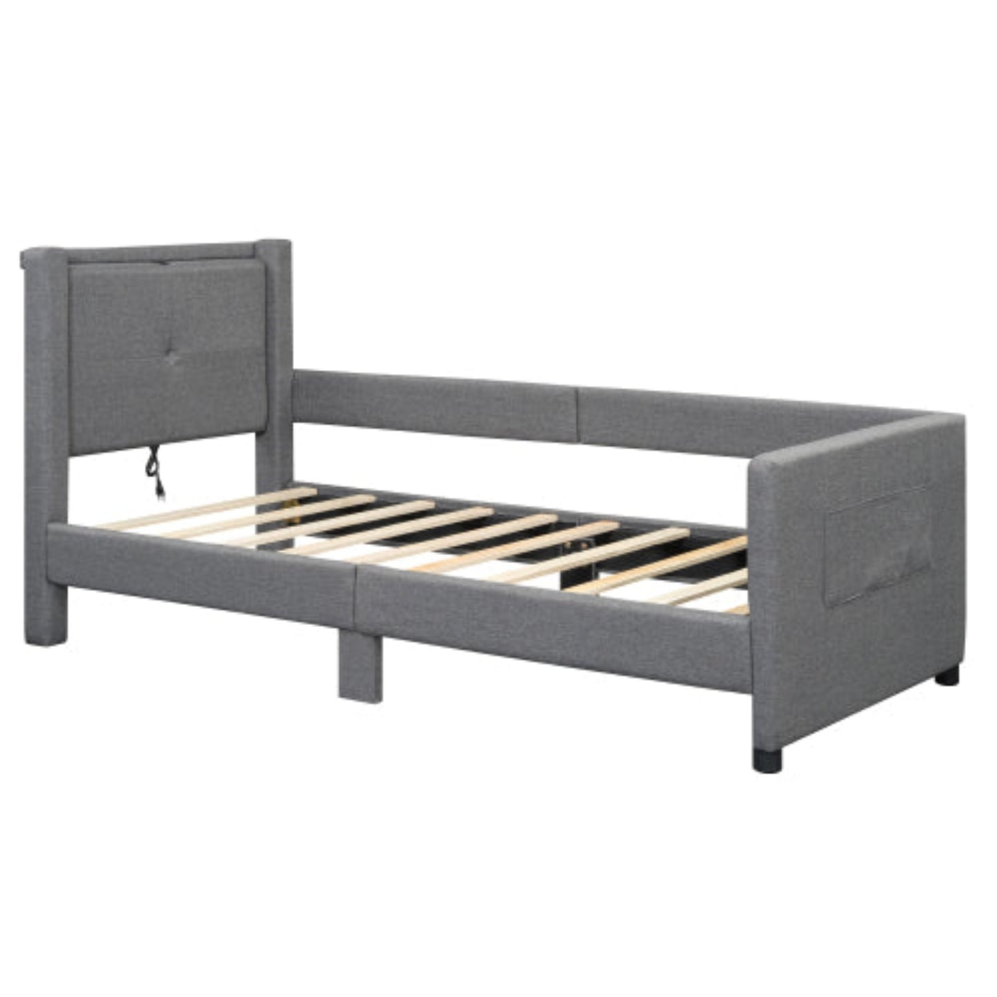 Grey Padded Platform Bed-USB Port, Minimalist, 90x200cm