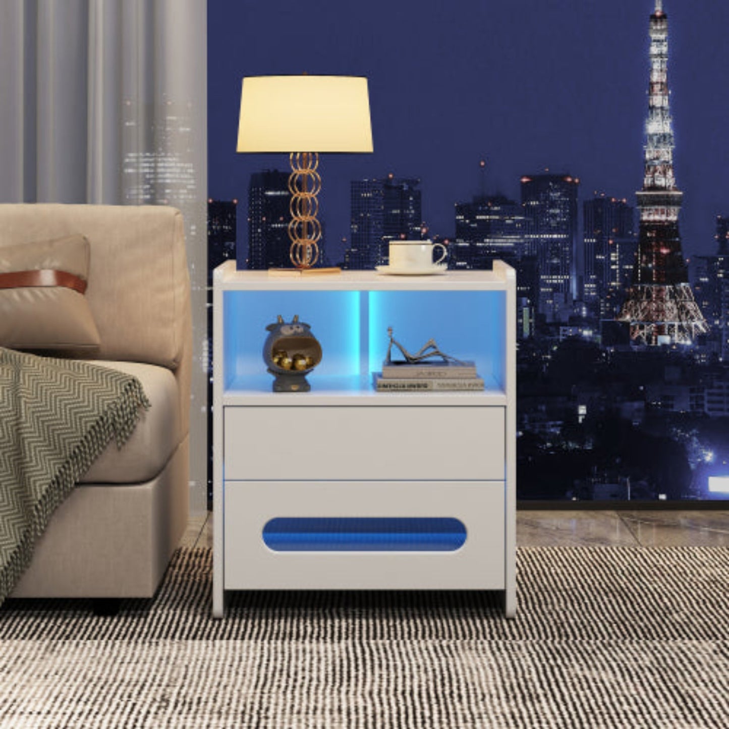 High Gloss LED Bedside Tables-Modern 2-Drawer Nightstands with LED Lighting, White-Set of 2