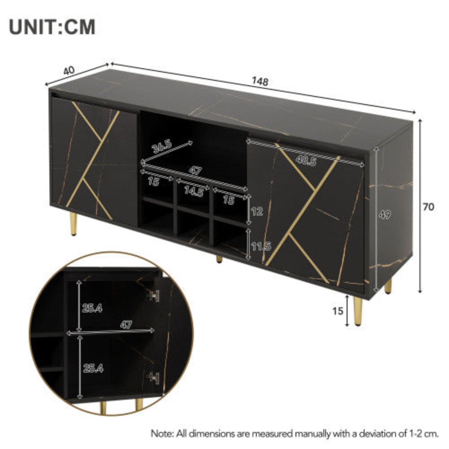 BlackGold Side Cabinet,Wine Rack, Elegant Design, 148x40x70cm