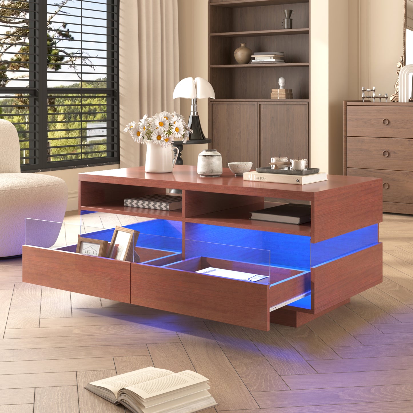 (Z)Coffee Table Living Room Table With Two Storage Compartments And Two Drawers Reflective Acrylic Lamps Unique Visual Effect