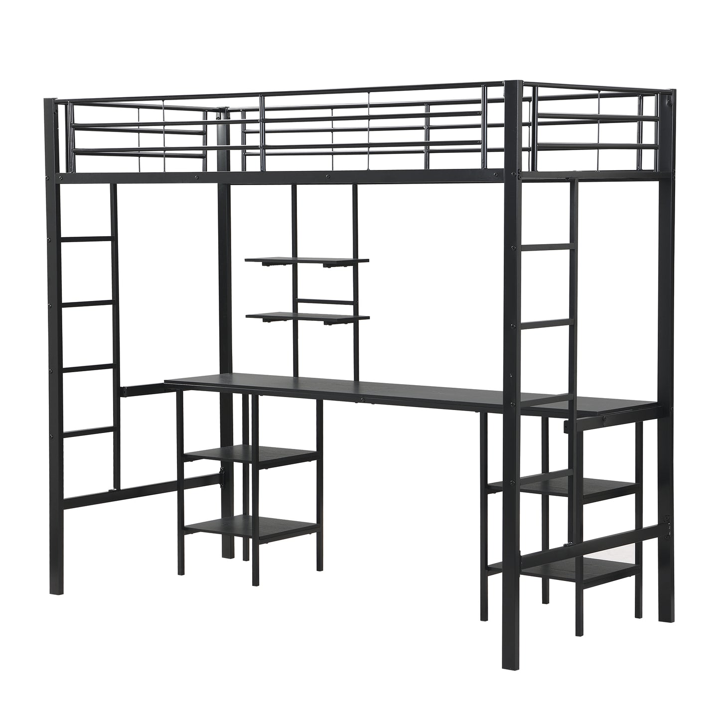 Black Iron and MDF Bunk Bed with Table and Shelves - Children's Safety Bed