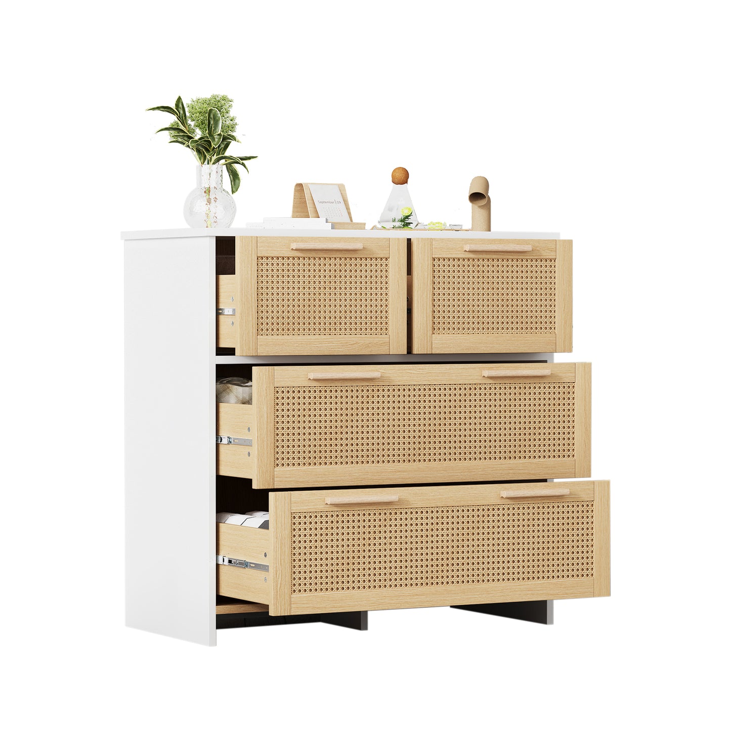 Elegant 4-Drawer Rattan Cabinet with Solid Wood Handles - Versatile Storage for Home