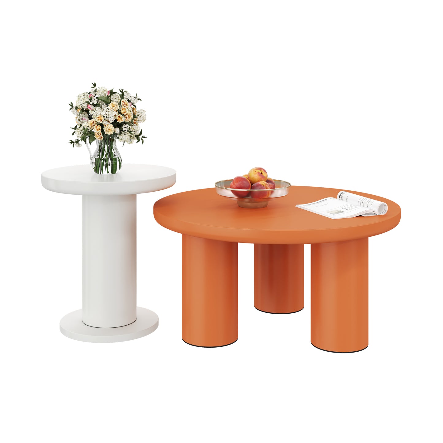 Stylish Round Coffee Table Set-White,Orange with Cream Accents