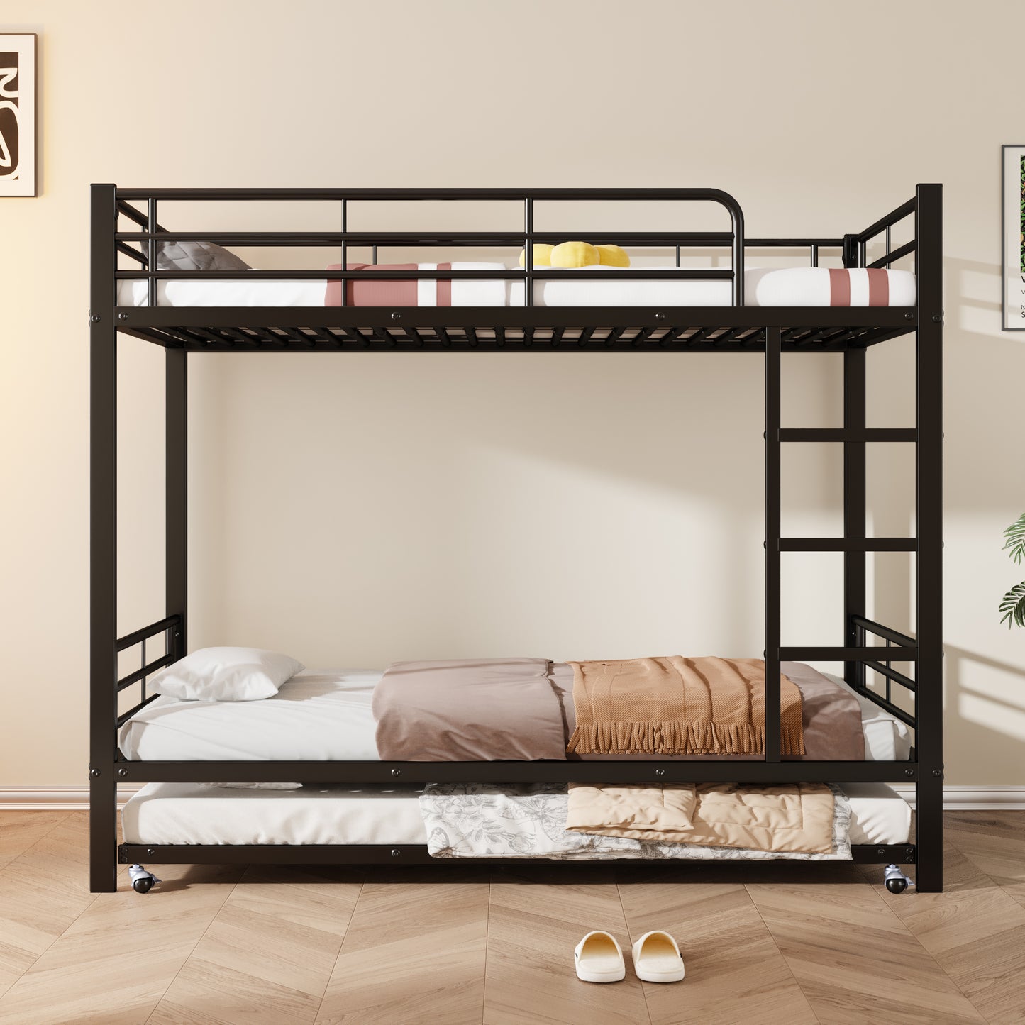 Black Iron Bunk Bed with Pull-Out Bed - Children and Teenagers' Space-Saving Solution, 90x200cm