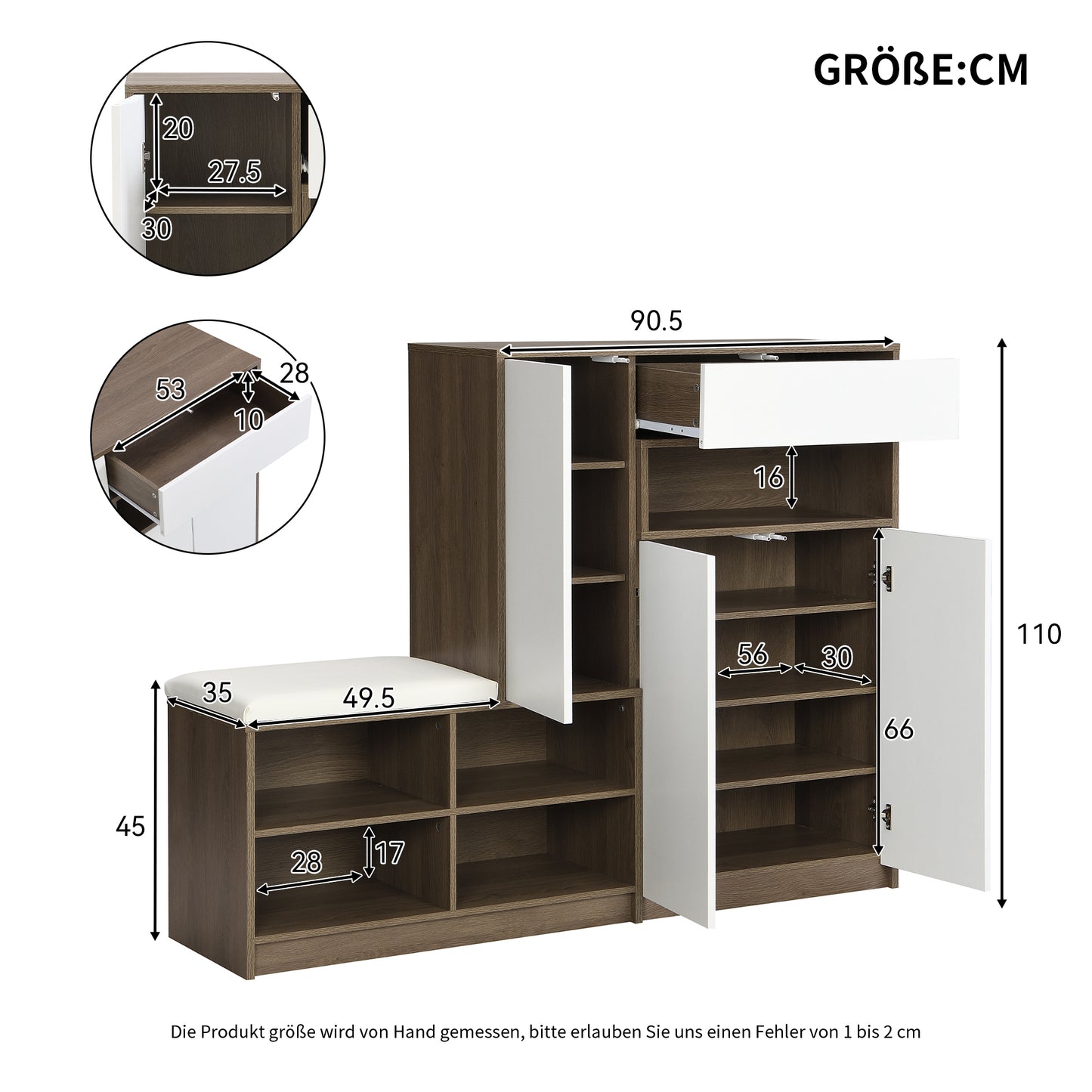 White Multifunctional Shoe Storage Bench with Padded Seat and Adjustable Shelves, Hallway Shoe Cabinet