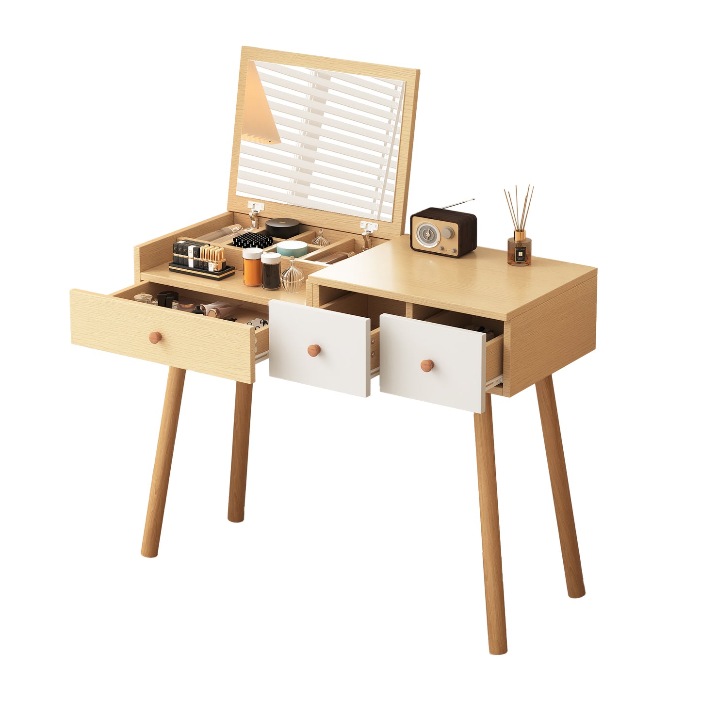 Elegant Wooden Dressing Table with Mirror and Ample Storage