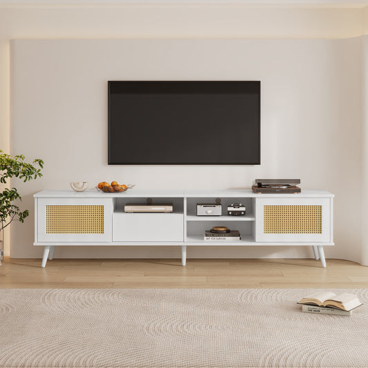 White Rattan 200cm TV Stand for 90 inches TVs with Storage and LED Lighting