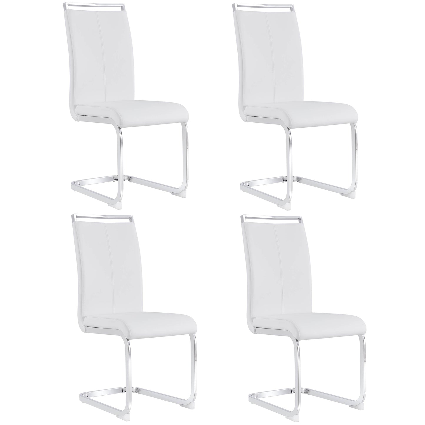 Modern Cantilever Chairs Set of 4,Chrome Metal, White Leather, 120kg Load