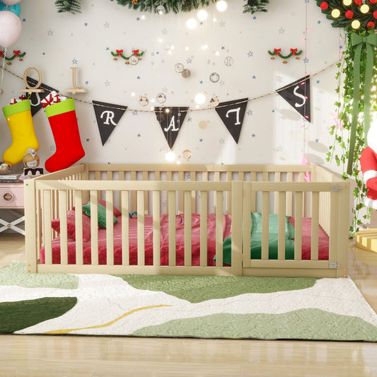 Wooden Floor Bed Frame for Children - 140 x 200 cm with Fence and Door