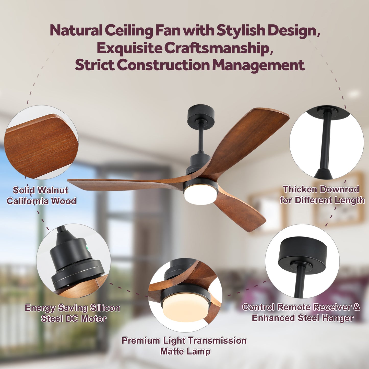 52" Ceiling Fan with Light, 6-Speed Remote Control, Reversible & Energy-Saving DC Motor