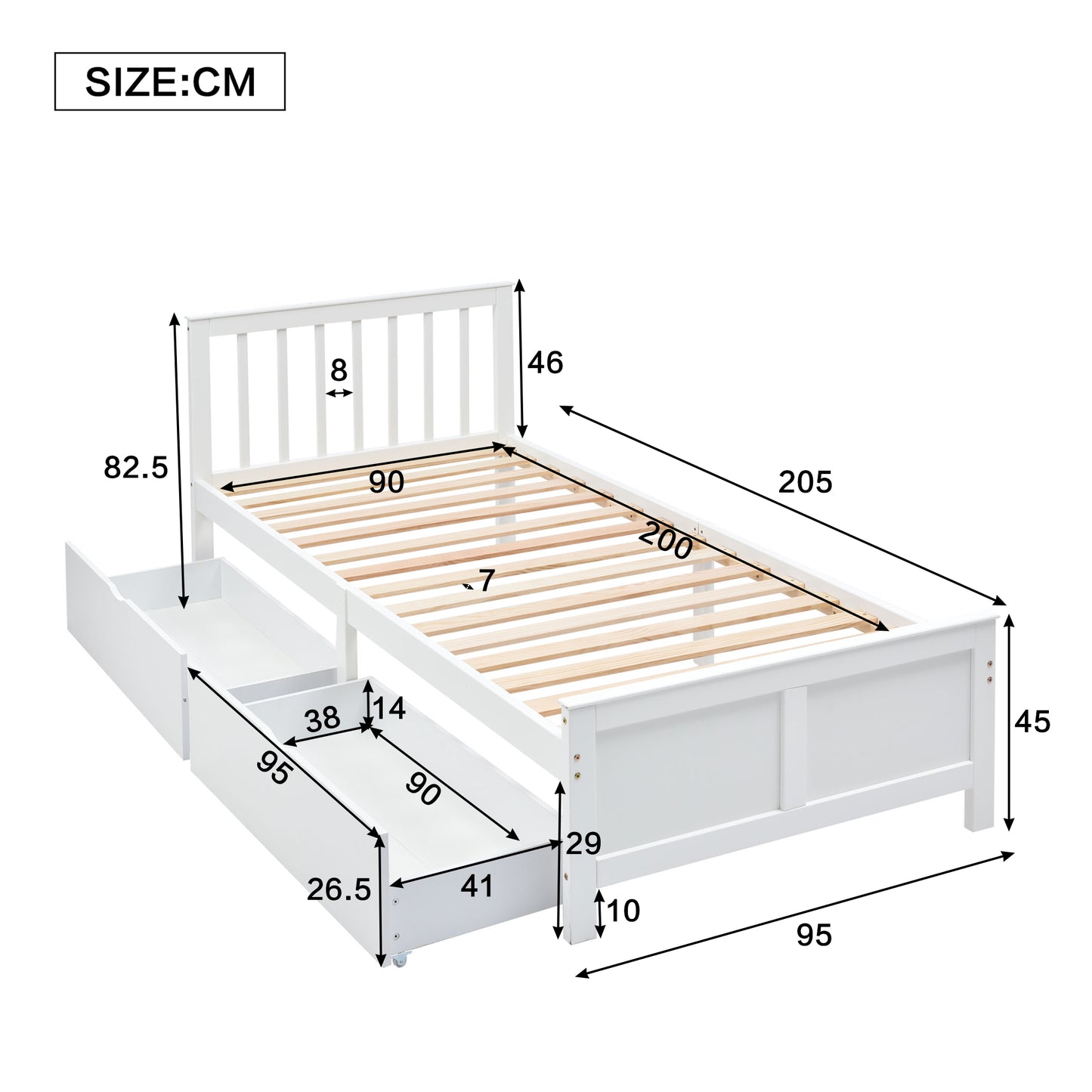 White Wooden Single Bed with Storage Drawers - Pinewood Frame-90x200cm