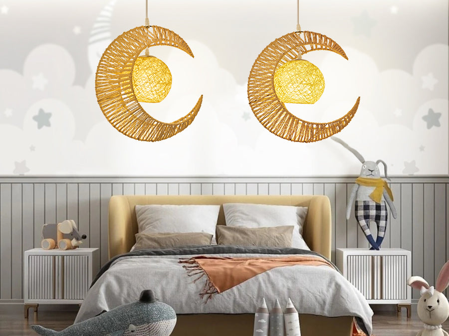 (Q)Vine Pendant Light Hand Woven Moon Shaped Pendant Light,Hemp Rope Lampshade Decorative Pendant Light,Suitable for Study Rooms,Bedrooms,Cafes